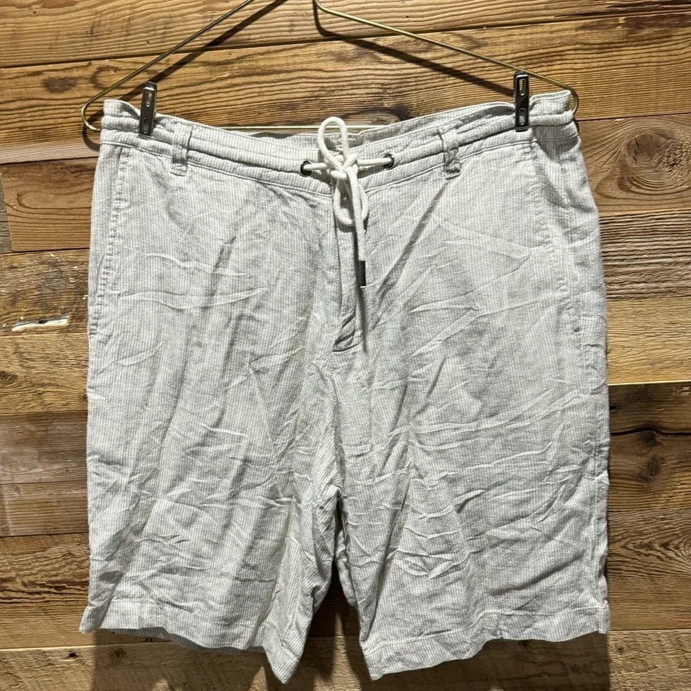Calvin Klein linen blend shorts drawstring pockets beige green stripes office 30